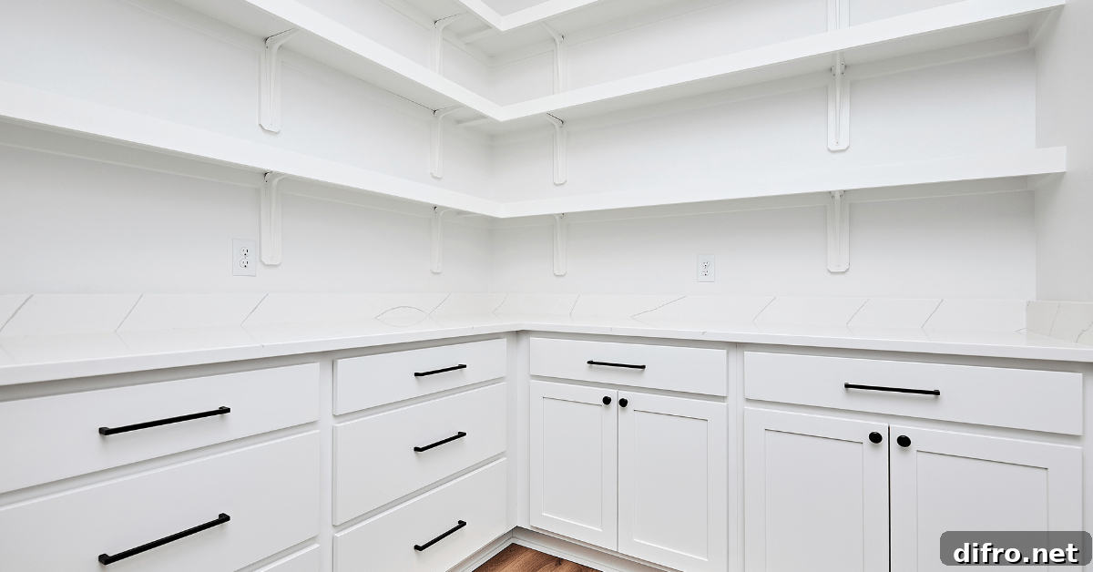 Empty white walk in pantry with drawers for storage.