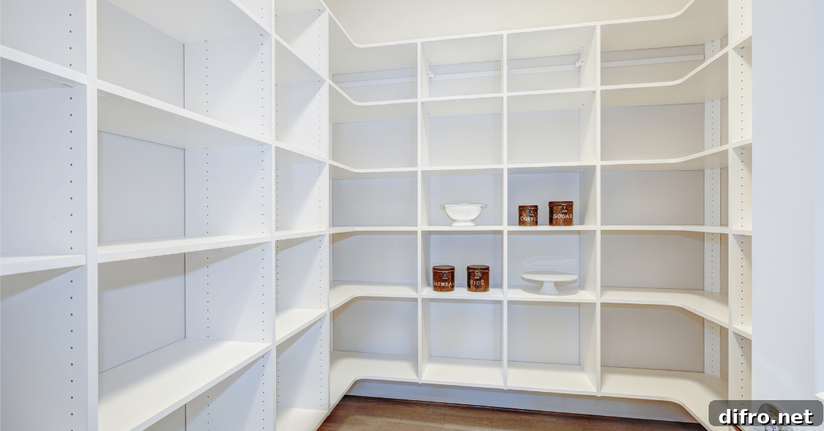 Empty white walk-in pantry with bright lighting.
