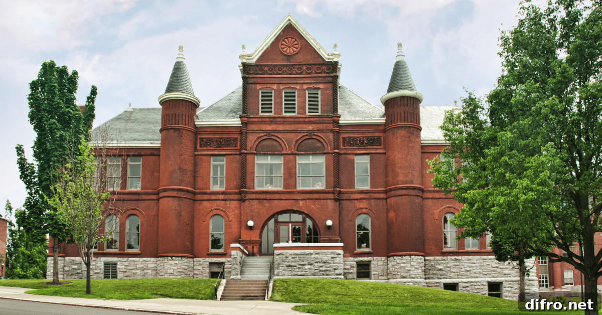 A historical building that has an exterior painted in terra cotta color.
