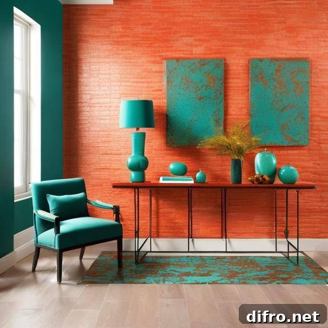Living room combining decor that is terra cotta and teal.