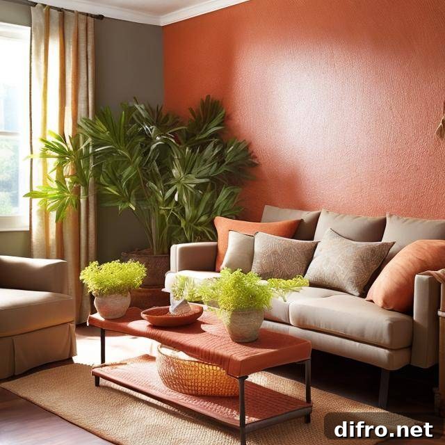 Living room with warm decor finished in terra cotta color.