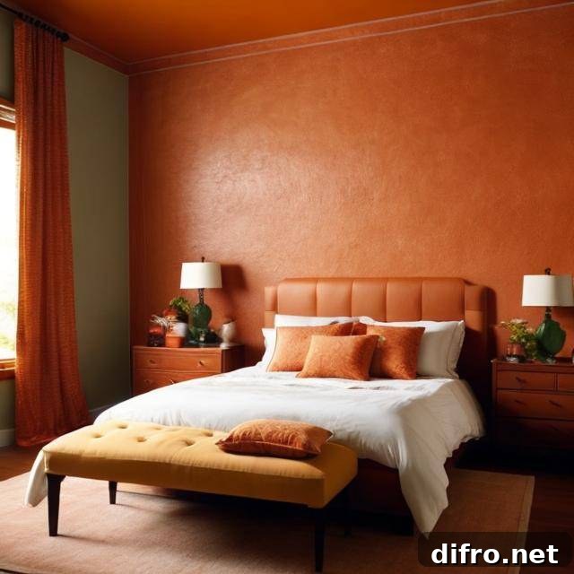 Bedroom with terra cotta colored walls and decor.