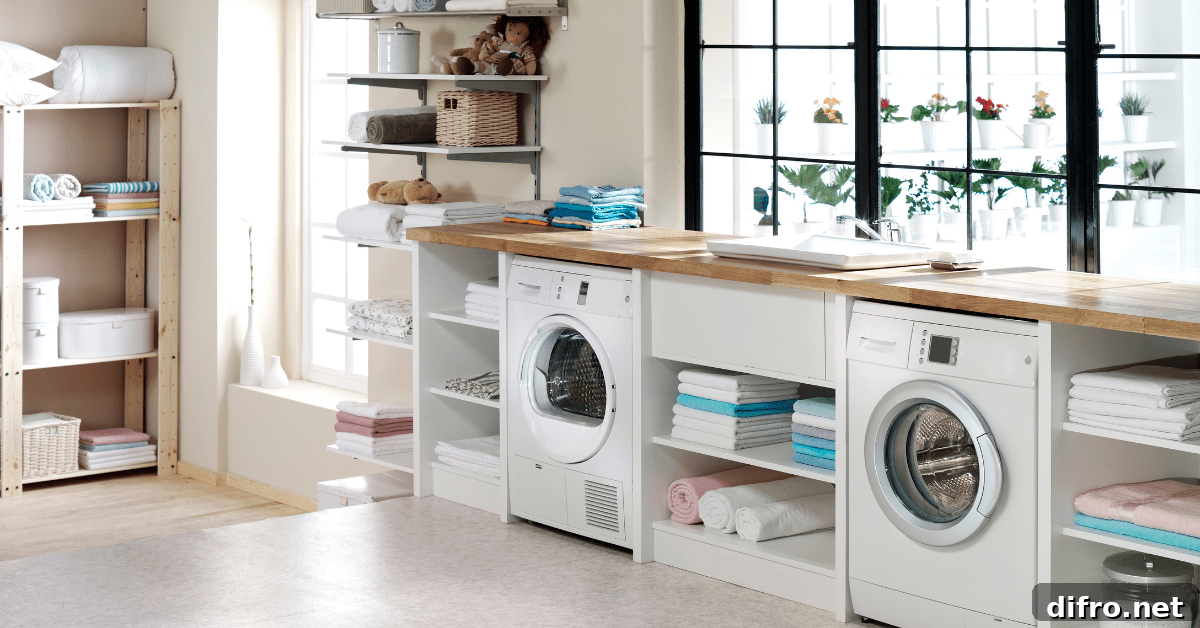 A clean laundry room with multiple organization storage solutions.