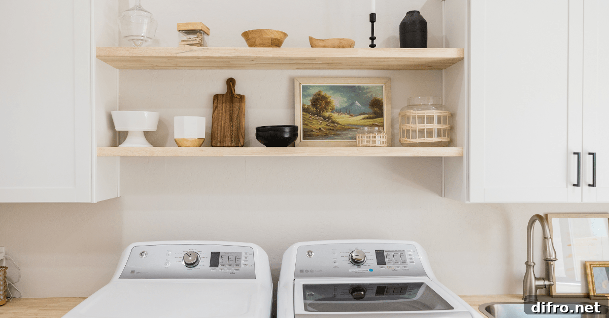 Floating shelves in an organized laundry room.