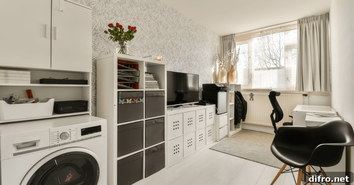 White themed laundry room with various organization-focused pieces of furniture.