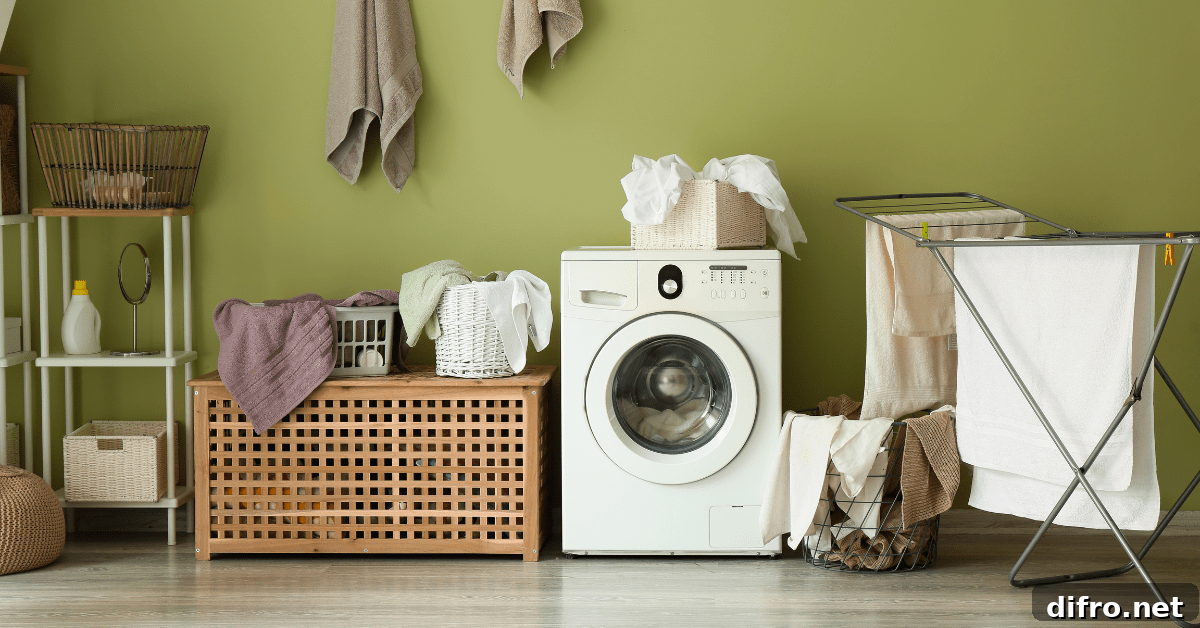 Green wall in a laundry room.