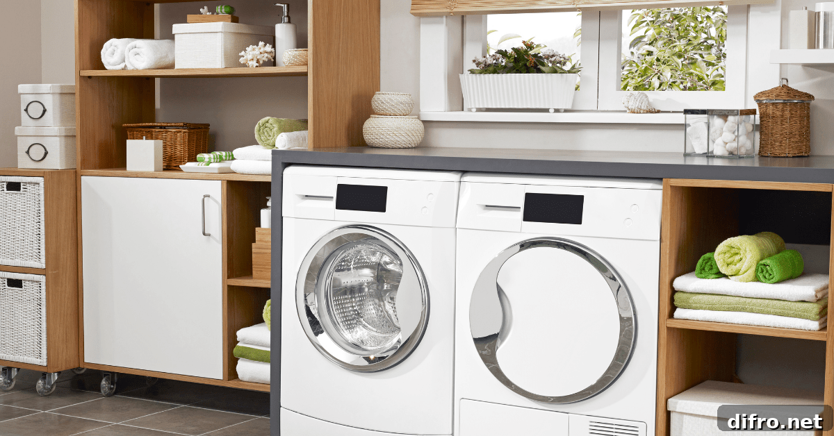 A clean and organized laundry room with storage shelves.