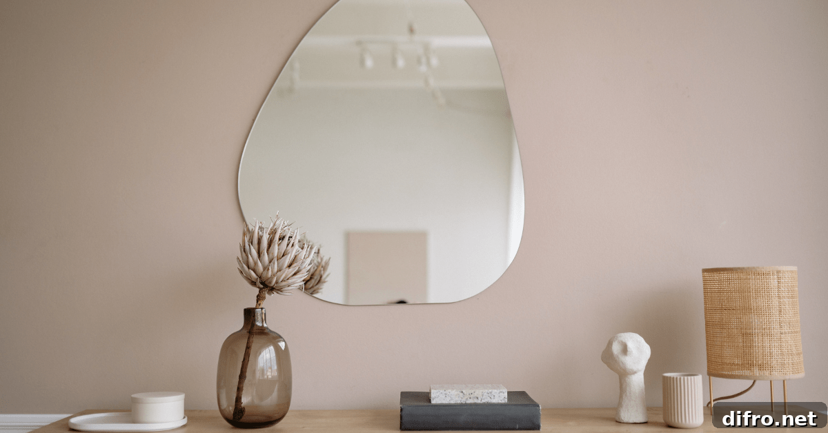 Mirror placed on top of a dresser.