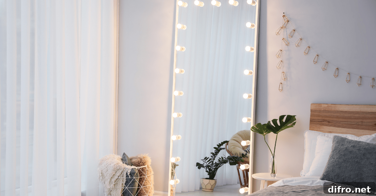 Bedroom with mirror and bed.