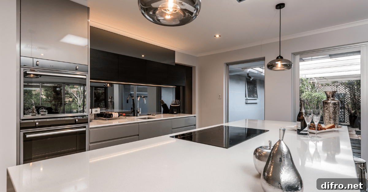 Kitchen with mirrors as blacksplash.