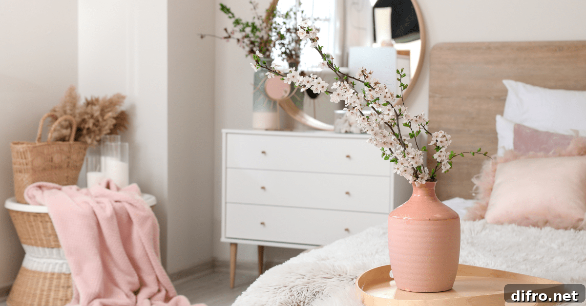 A bedroom with white and pink spring decor.