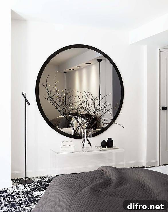 A large round black mirror hangs over a lucite bench on a black and white rug lit by a black floor lamp.