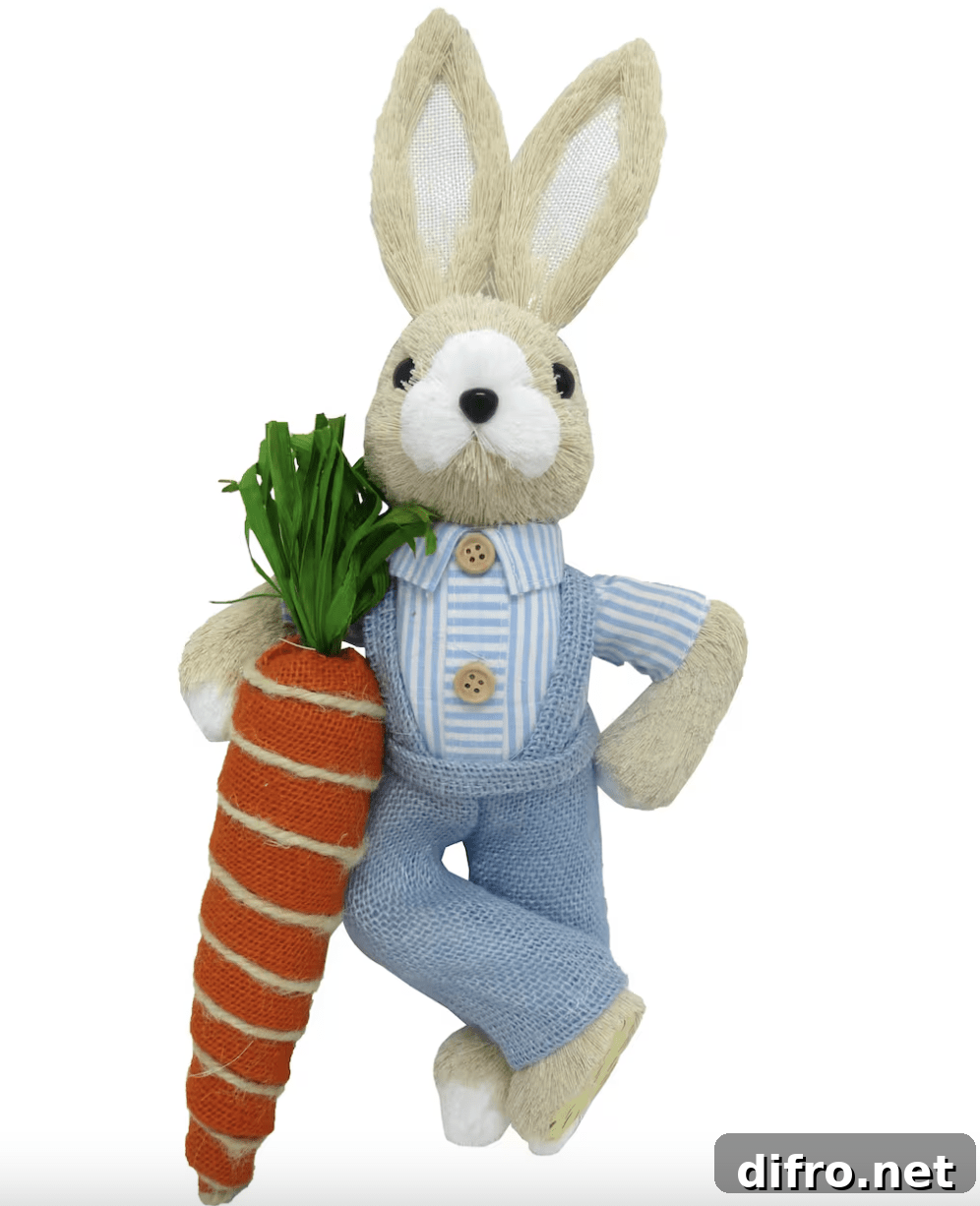 sisal bunny wearing blue overalls leaning on carrot