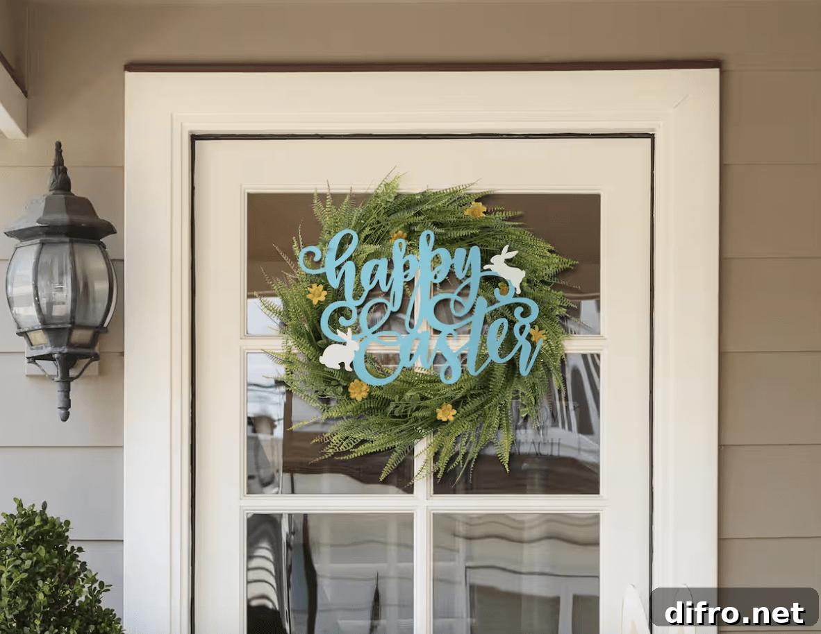 metal door hanger happy easter with greenery wreath on white door