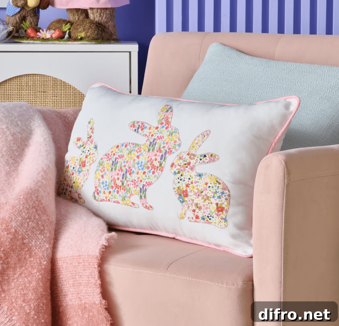 bunny floral print pillow lumbar on pink chair