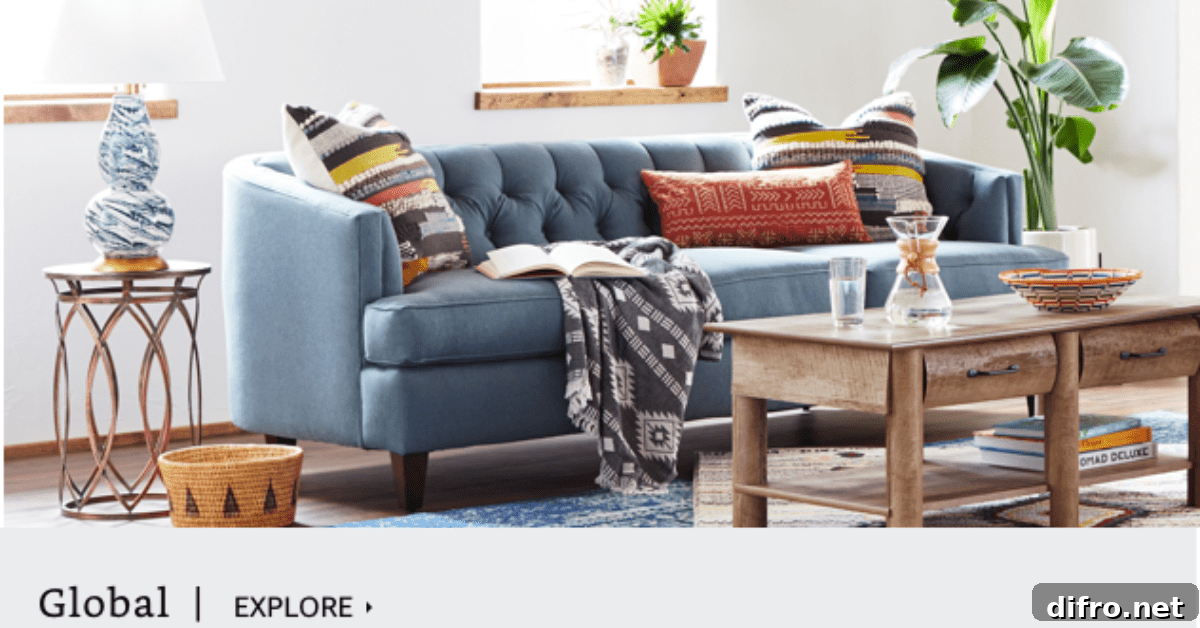 Global style decorated living room.
