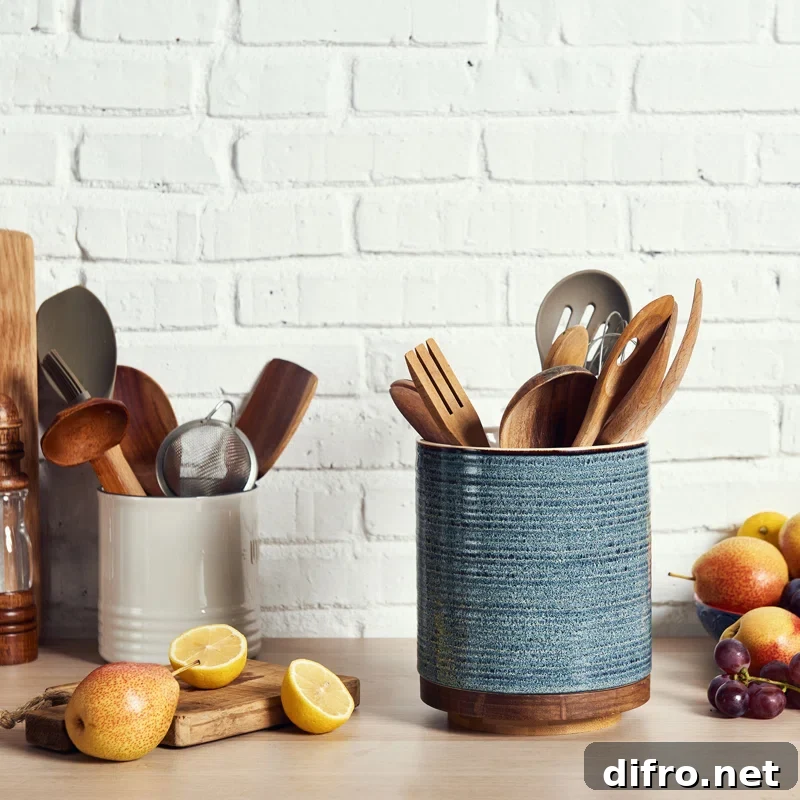 ceramic utensil holder on kitchen counter