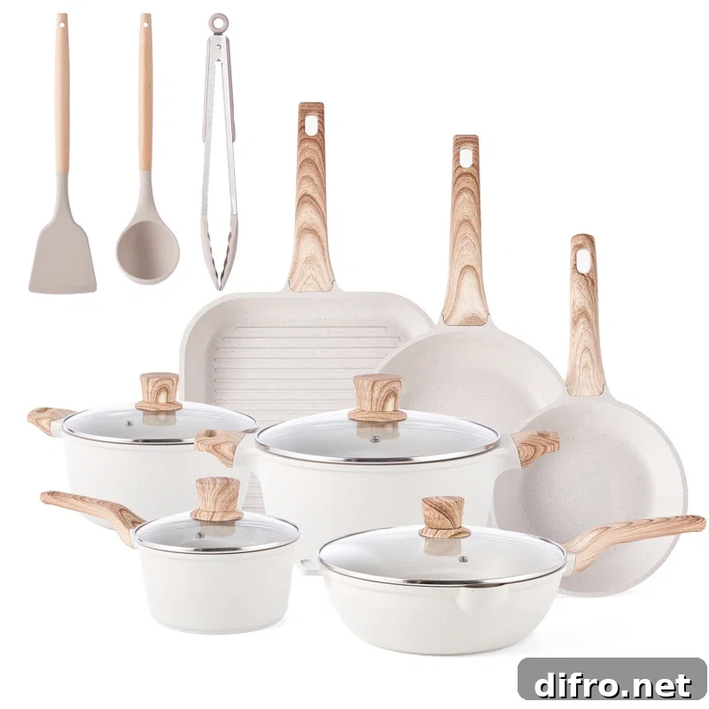 white cookware set with wood handles