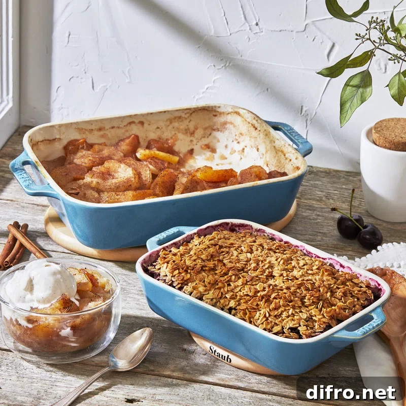 blue Staub casserole dish with baked apple crisp