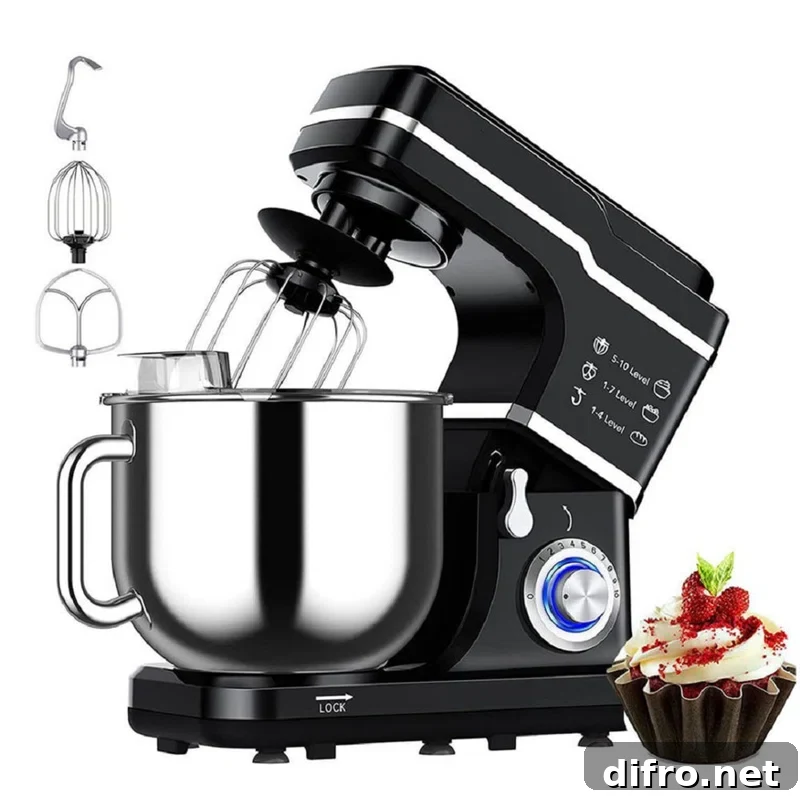 black stand mixer with cupcake and attachments