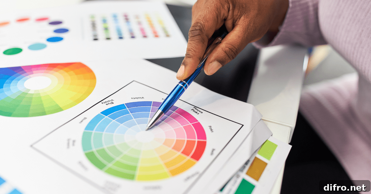 A closeup of someone's hand pointing a pen on a color wheel.