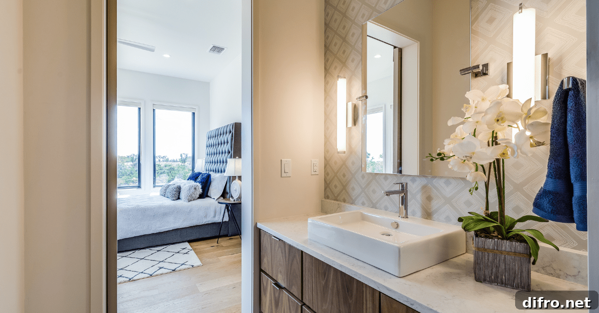 An ensuite bathroom flanked by bedroom.