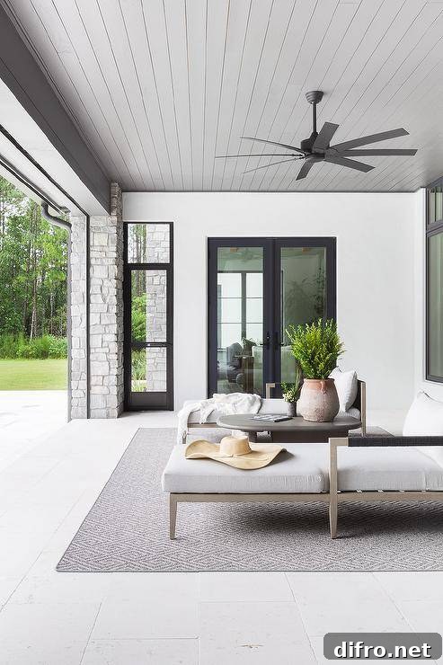 A gray diamond jute rug is placed on a covered patio beneath a gray coffee flanked by gray teak and rope loungers cooled by a black modern ceiling fan fixed to a gray beadboard ceiling.