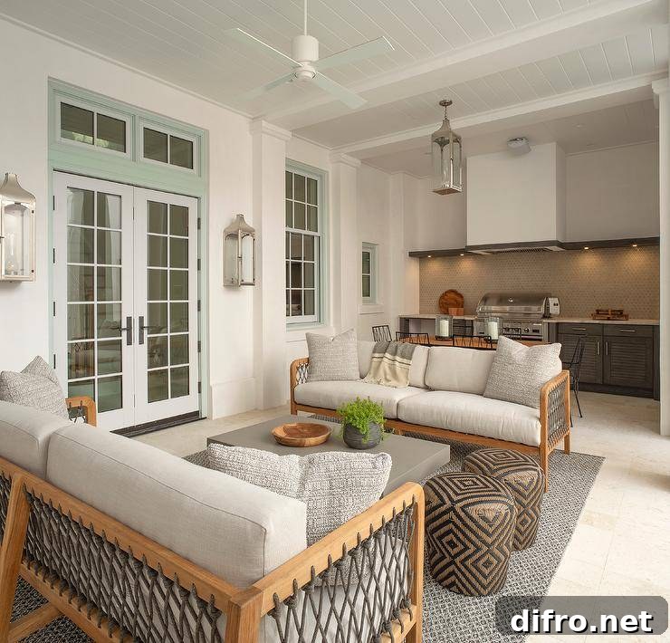 Small enclosed patio features wood and gray rope outdoor sofas that face a gray outdoor coffee table with brown stools atop a gray rug and an outdoor kitchen with brown cabinets lit by a nickel lantern.