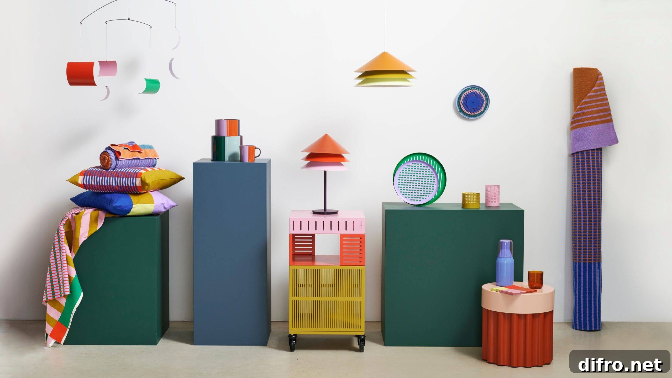 Brightly colored home decor elements including geometric orange triangle lampshades
