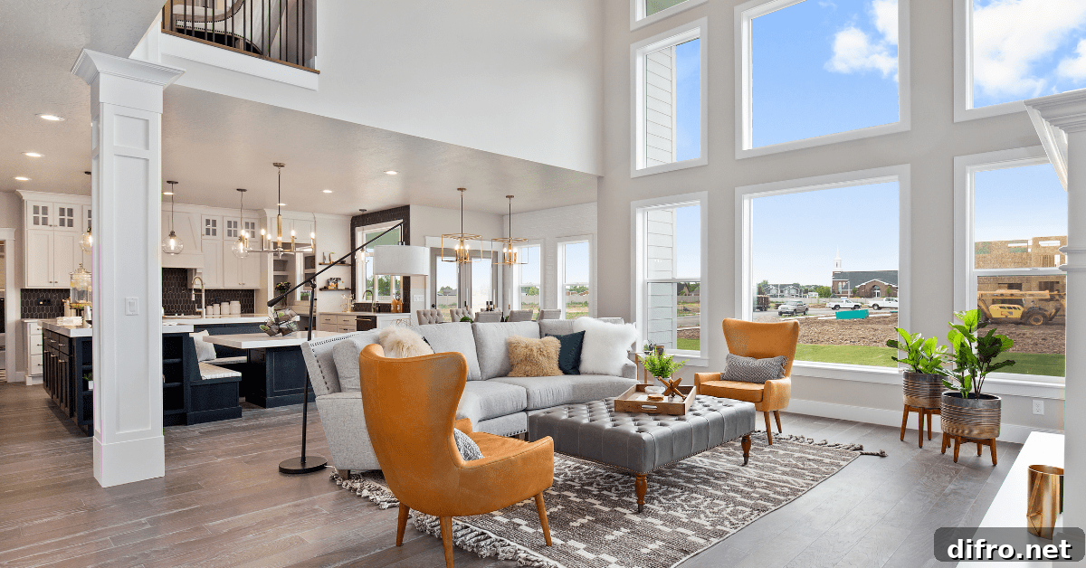 A spacious living room with well-lit kitchen.