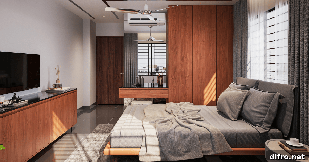 Bedroom with high quality furniture pieces and overall decor.