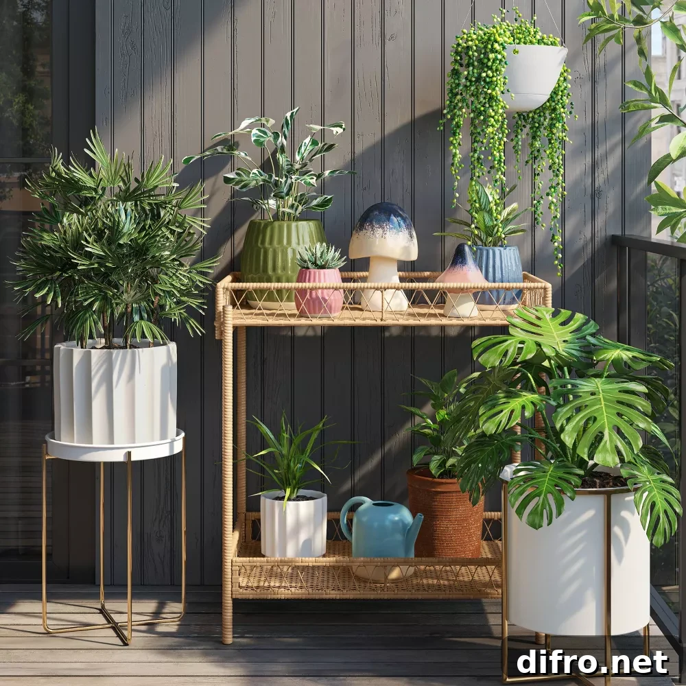 white patio planters with greenery and plants