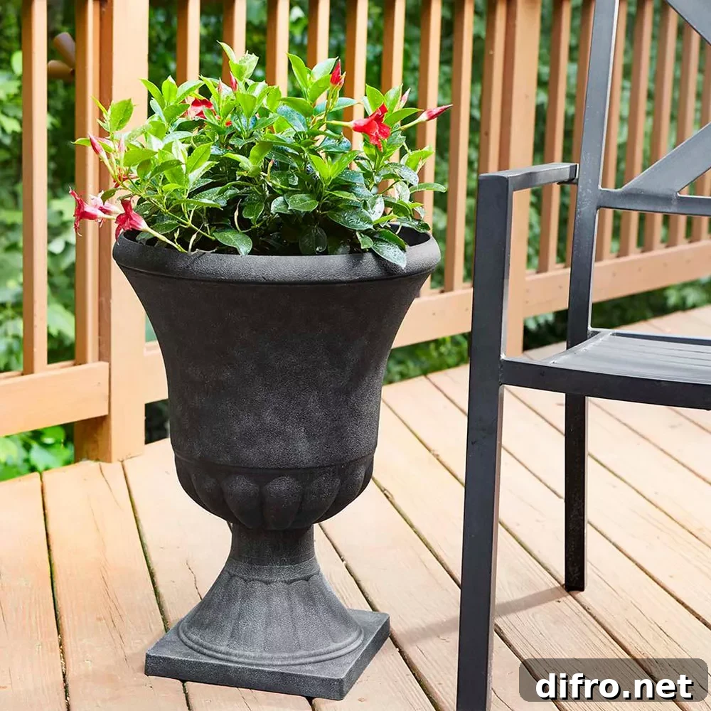 black patio urn on wood porch