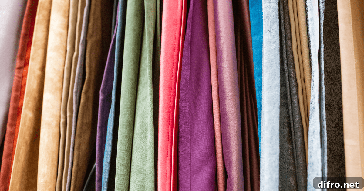An assortment of curtains in various colors.