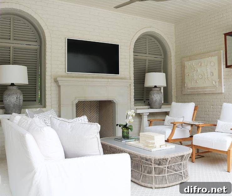 White brick frames arched windows covered in gray shutters and positioned flanking a flat panel television mounted over a limestone fireplace. Beneath a plank ceiling, a white slipcovered sofa topped with gray sofa pillows sits on light gray lattice rug at a styled light gray oval wicker coffee table.
