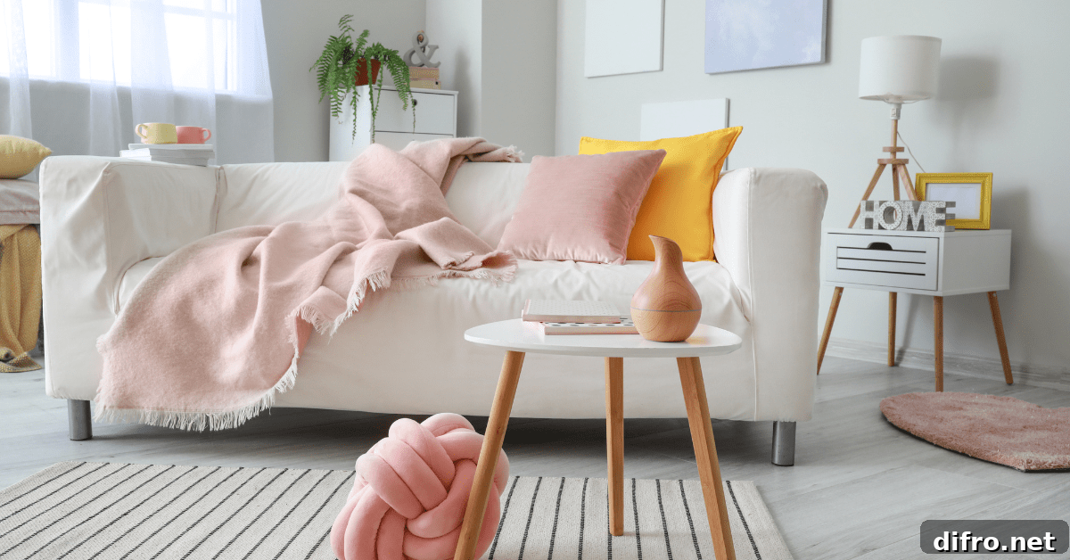 Pink and white living room.