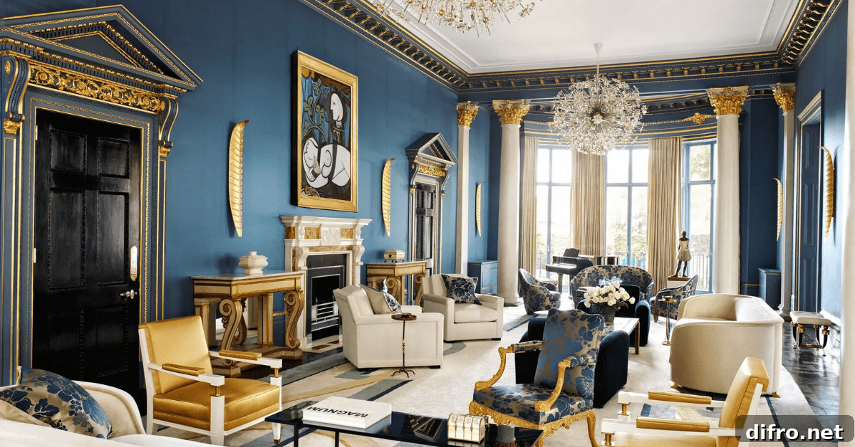 Navy and gold living room.