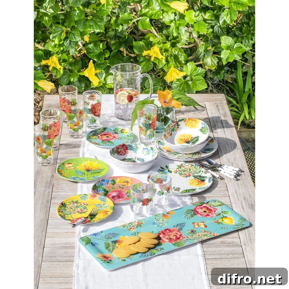 outdoor table set with bright colored floral dishes