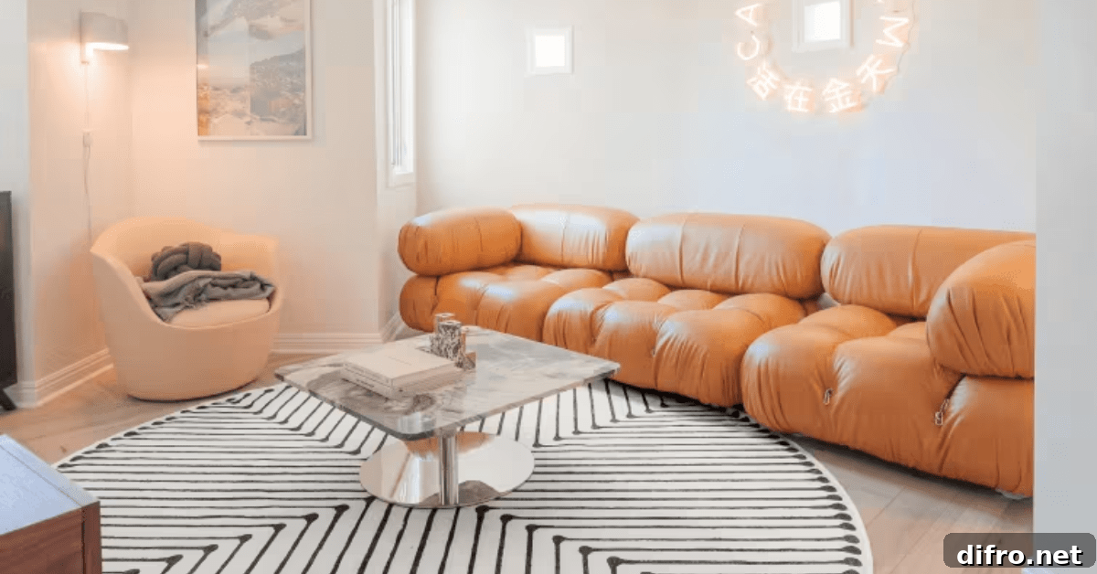A round rug in living room with brown leather coach.