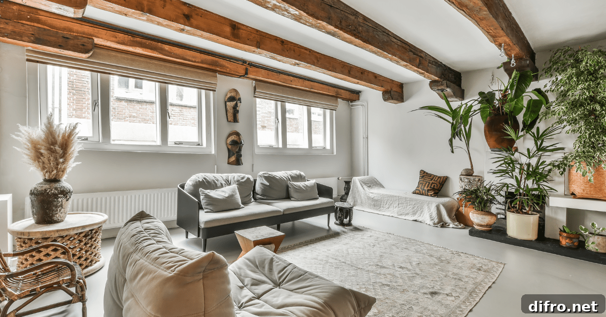 Family room with wooden ceiling beams.