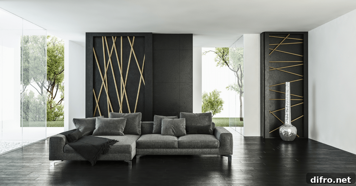 A room with decor and paint that match, all grey and black.