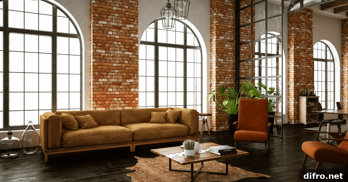 An industrial-style living room in a loft.