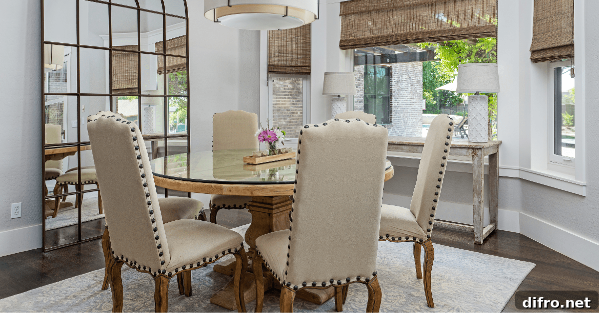 A traditional dining table set in a room with large windows.