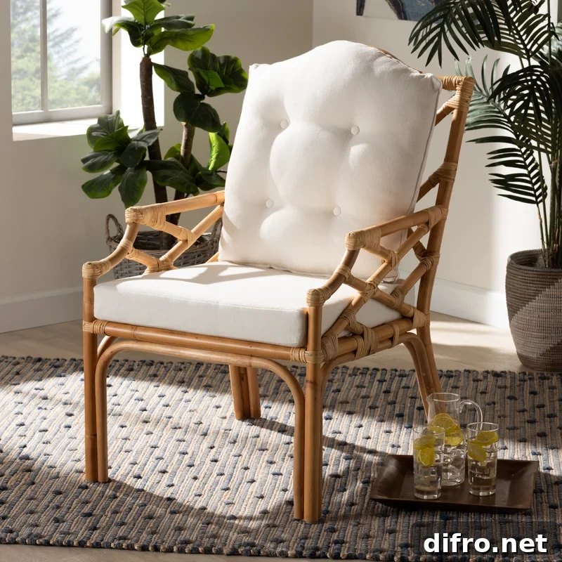 rattan arm chair with white cushion