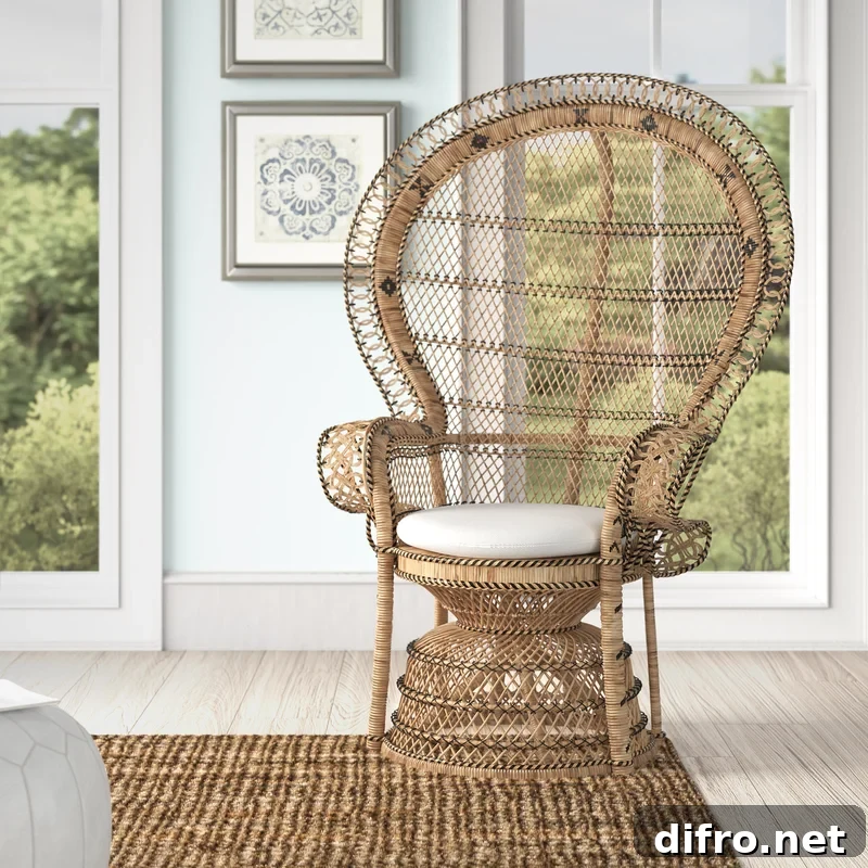 rattan peacock chair on jute rug