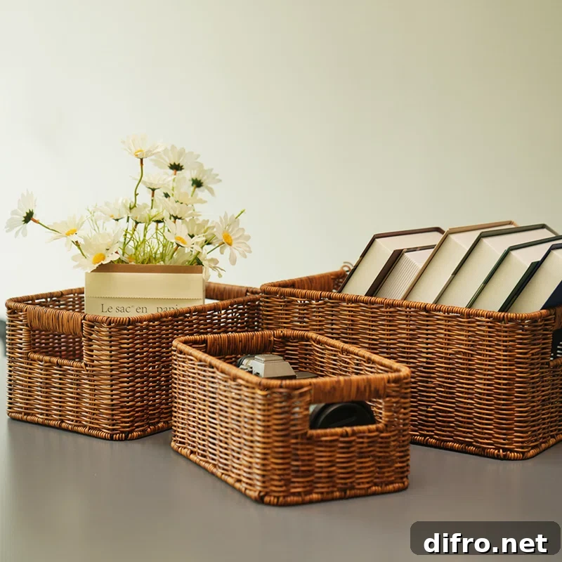 set of three rattan baskets with books and flowers