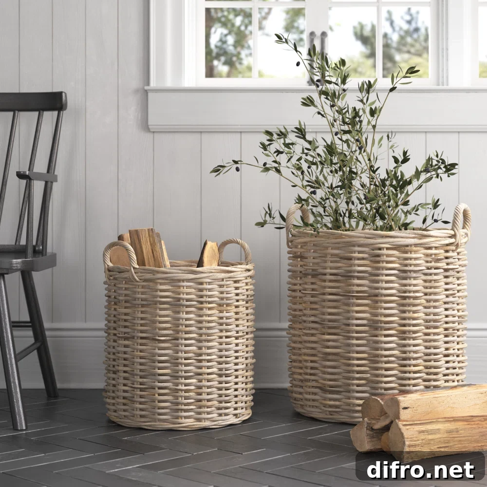 set of large rattan baskets with olive tree inside and wood