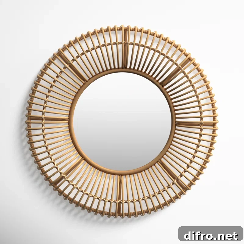 rattan round wall mirror on white background
