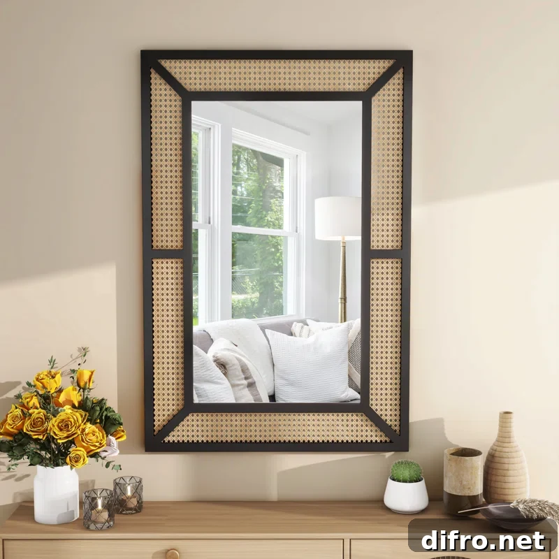rectangle wood rattan wall mirror with black frame