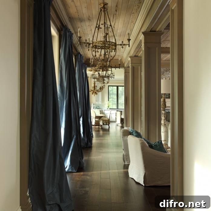 Living room with planked ceiling and row of windows dressed in floor to ceiling blue silk curtains.